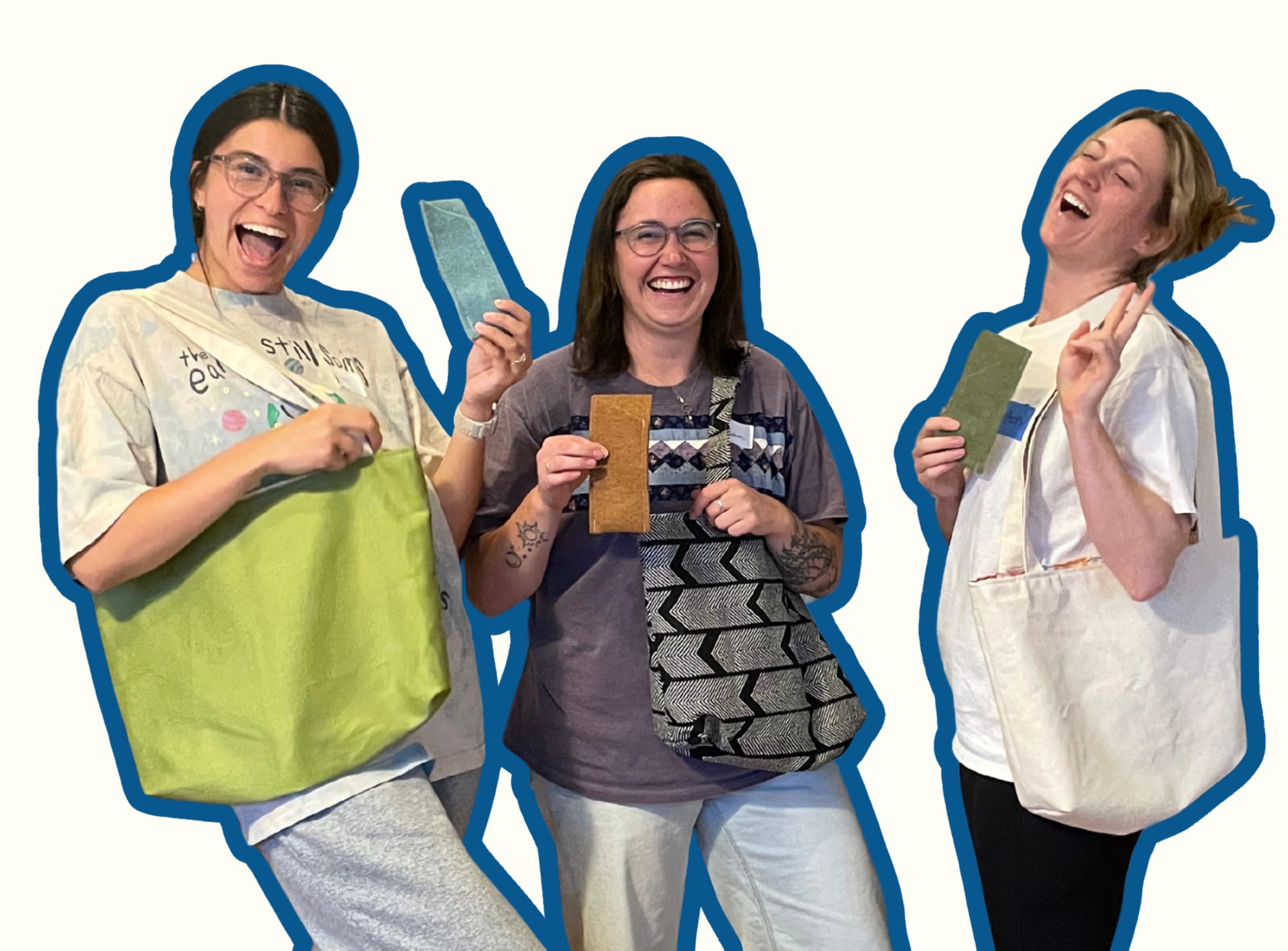 Three people with cut-out shapes around them holding sewing projects that they made.