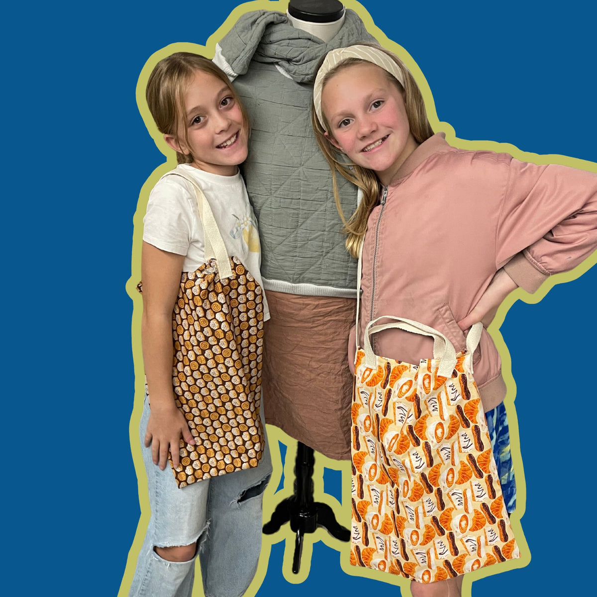 Tweens sewing a tote bag as part of Unfold Den's Seamsters tween and teen sewing program